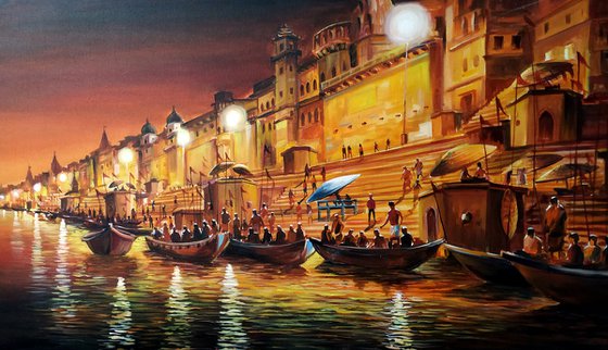 Varanasi Ghats At Night