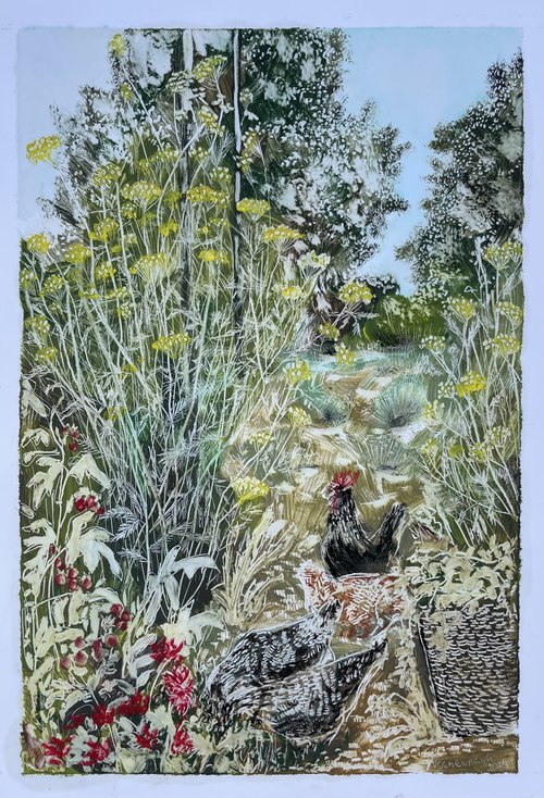 rooster and hens in the garden by Maija Nochevnaya