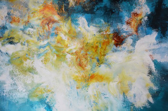 Abstract painting - Sunrise, waves and sargassum - large blue ocean painting