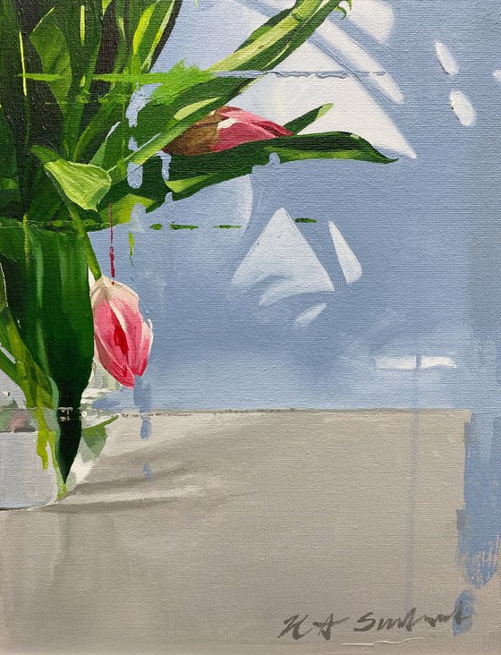 Tulips in glass vase