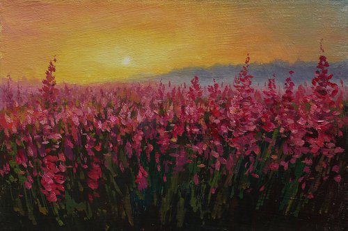 The Sunny Fireweed Field - original summer landscape painting by Nikolay Dmitriev