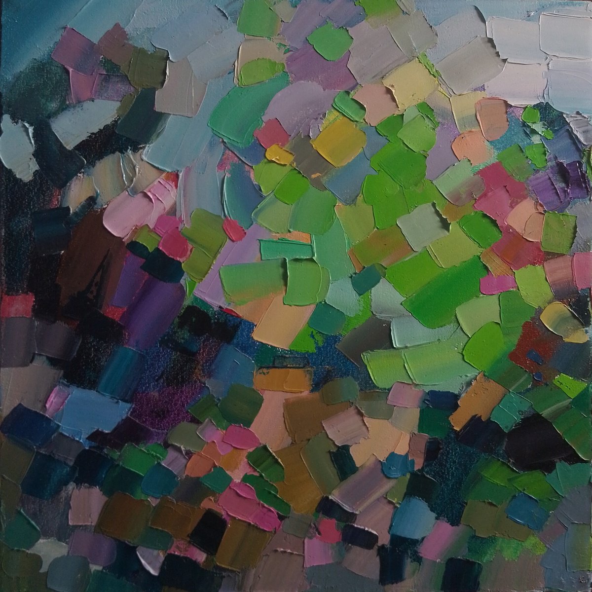 Abstract Landscape Oil Painting By Valentyna Sokolovska, 14 X 14", An Unsurpassed Ray Of Sunshine, Original Artwork