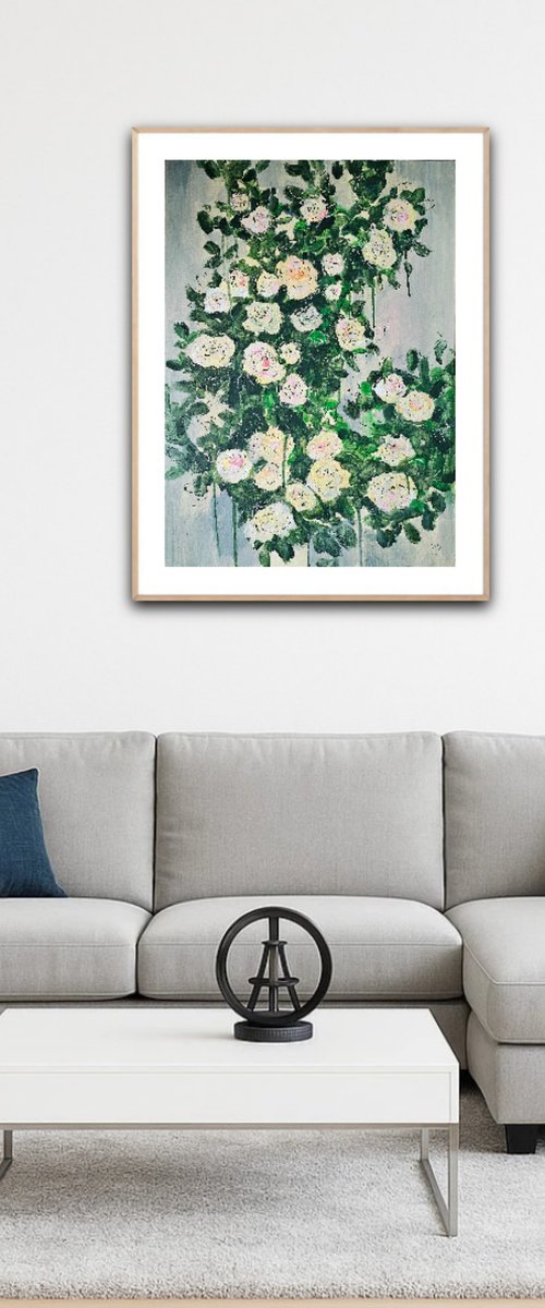 Blooming abstract rose garden in pale yellow by Ksenia June