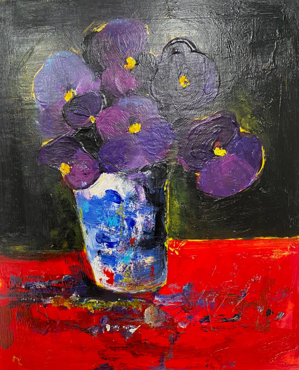 Blue Vase Purple Pansies by Teresa Tanner