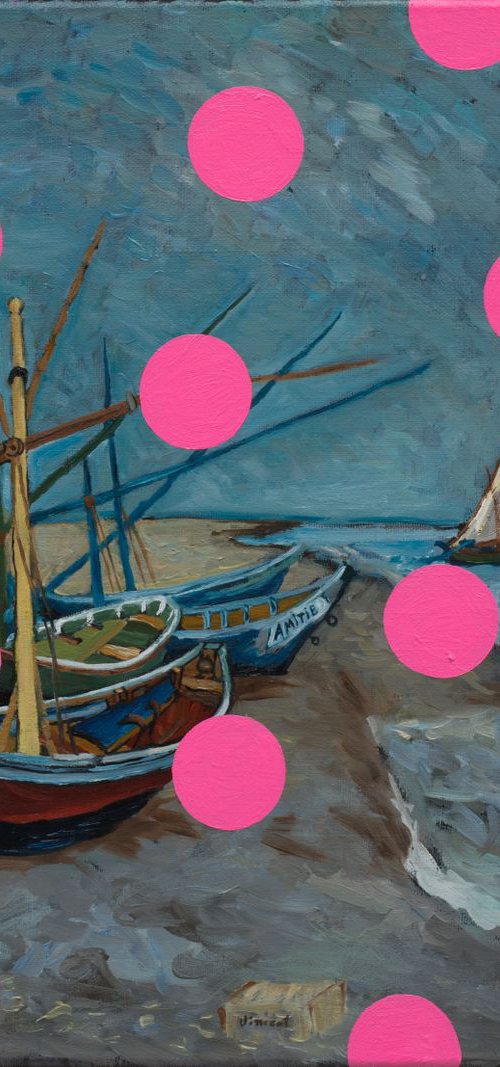 Fishing Boats with Pink Circles by Oleksandr Balbyshev