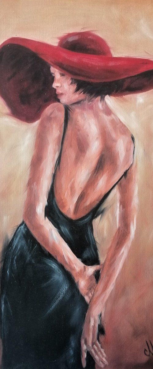 Woman with red hat - original erotic oil on canvas painting by Mateja Marinko