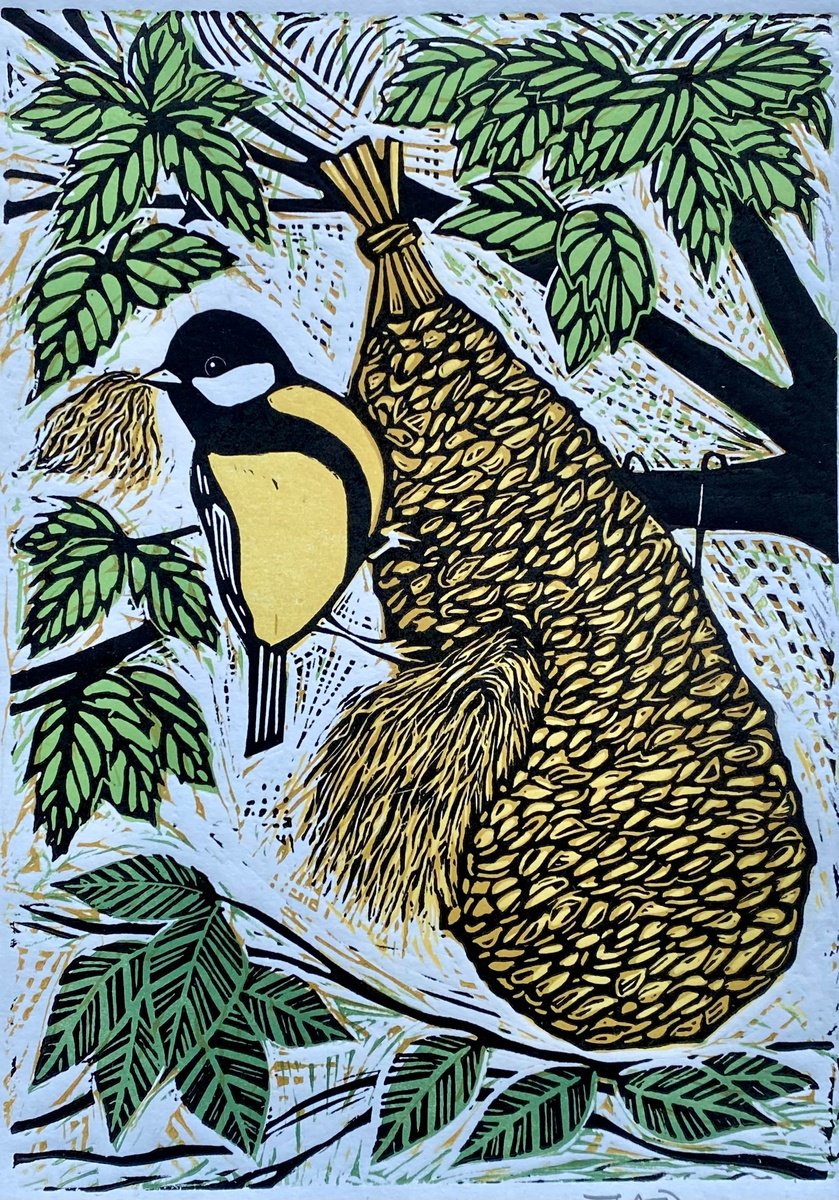 Limited edition handmade Linocut. For the Nest 4/95 by Jane Dignum