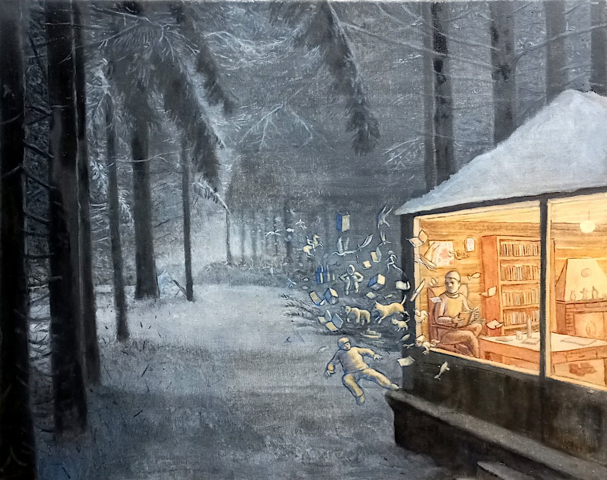 Surrealistic Landscape Oil Painting By Paolo Beneforti, 20 X 16", Cabin In The Woods, Original Artwork