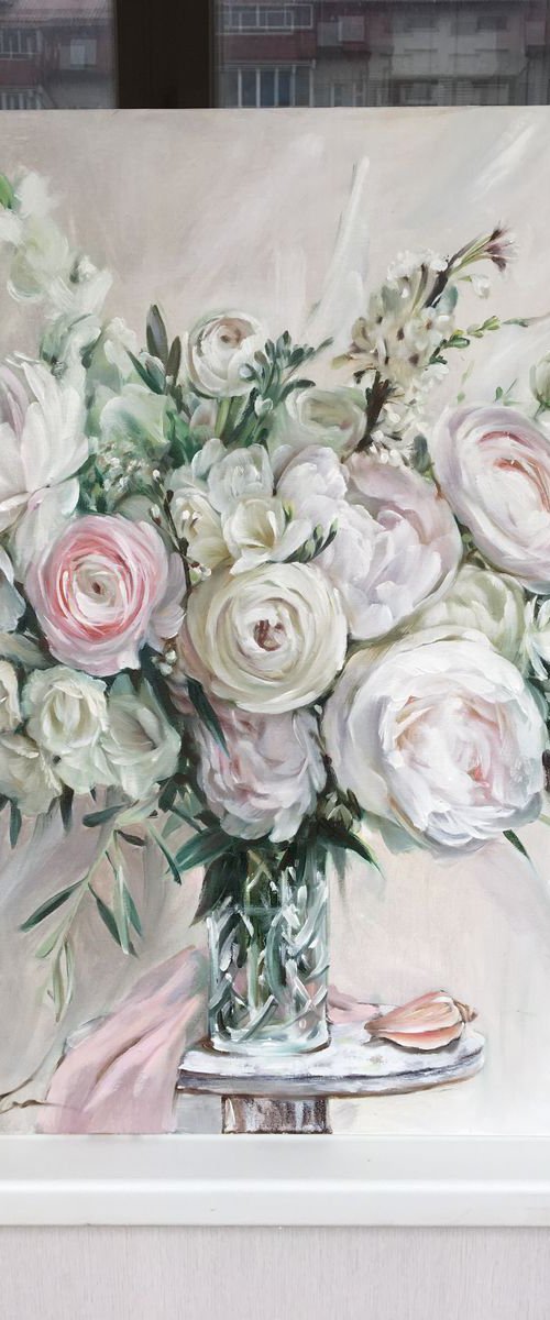 White peonies. Original oil painting by Alexandra Ozerova