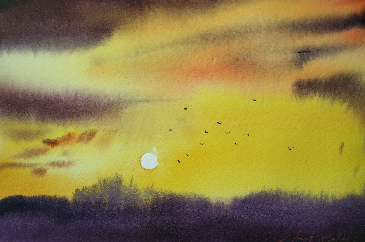 Impressionistic Landscape Watercolour By Jing Chen, 11 X 7, Sunset 2, Original Artwork