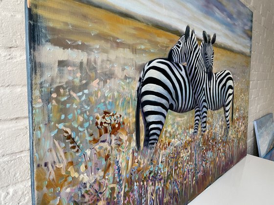 "When zebras are together". Original oil painting. XXL