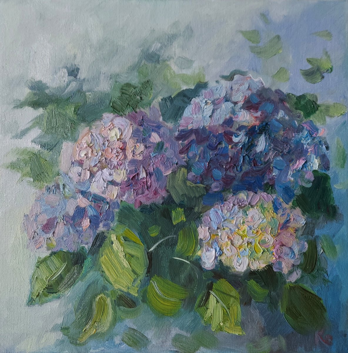 Impressionistic Botanical Oil Painting By Olena Kolotova, 16 X 16", Hydrangea "Sunny Flowers", Original Artwork