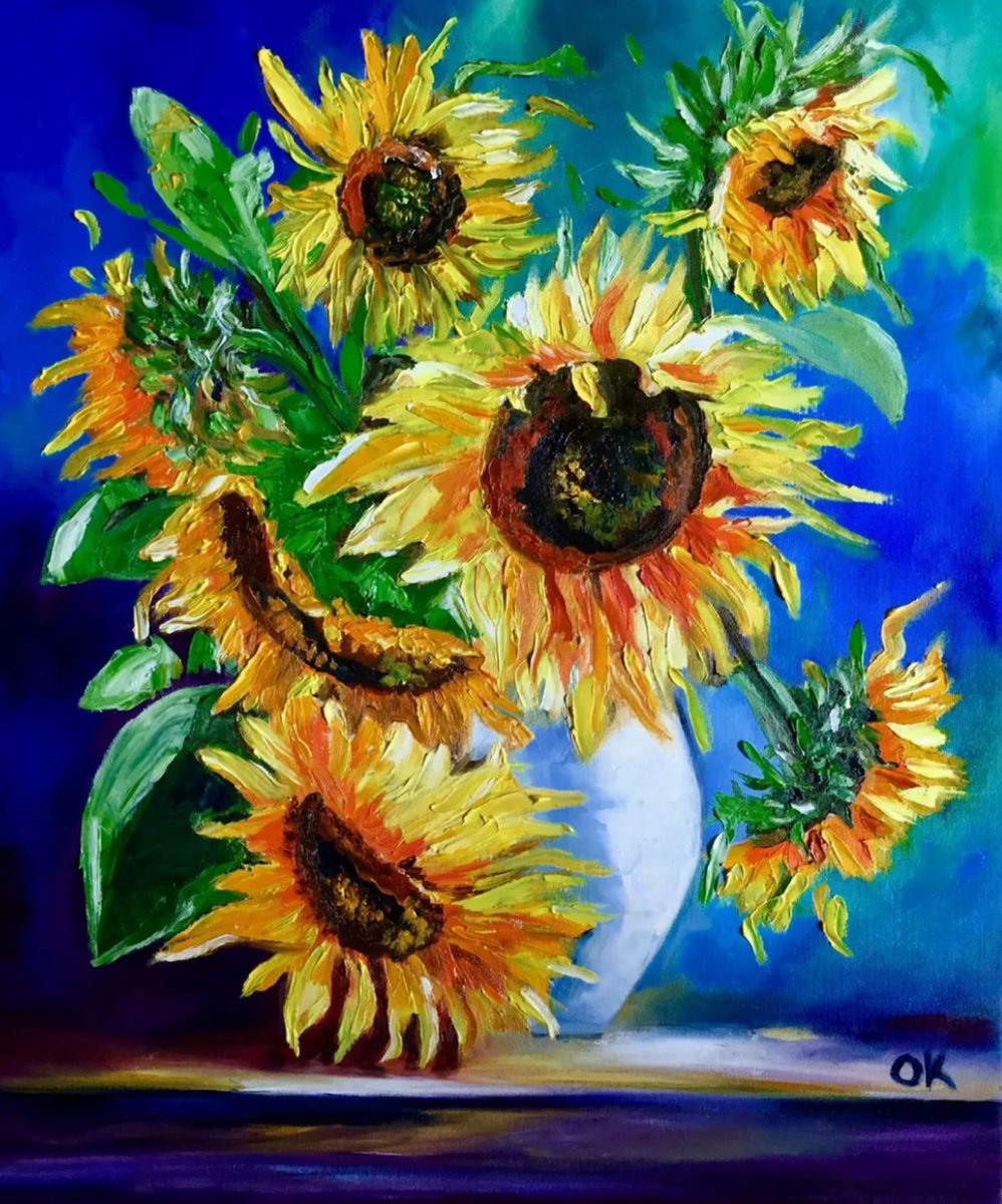 Impressionistic Botanical Oil Painting By Olga Koval, 20 X 24", Bouquet Of Sunflowers, Original Artwork