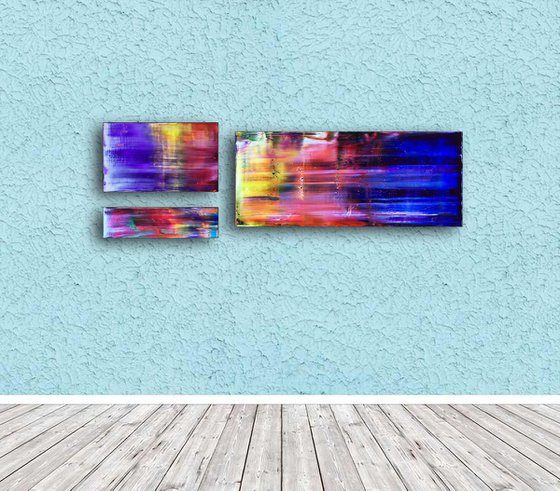 "Beautiful Velocity" - FREE USA SHIPPING - Original PMS Abstract Triptych Oil Paintings On Wood - 42" x 12"