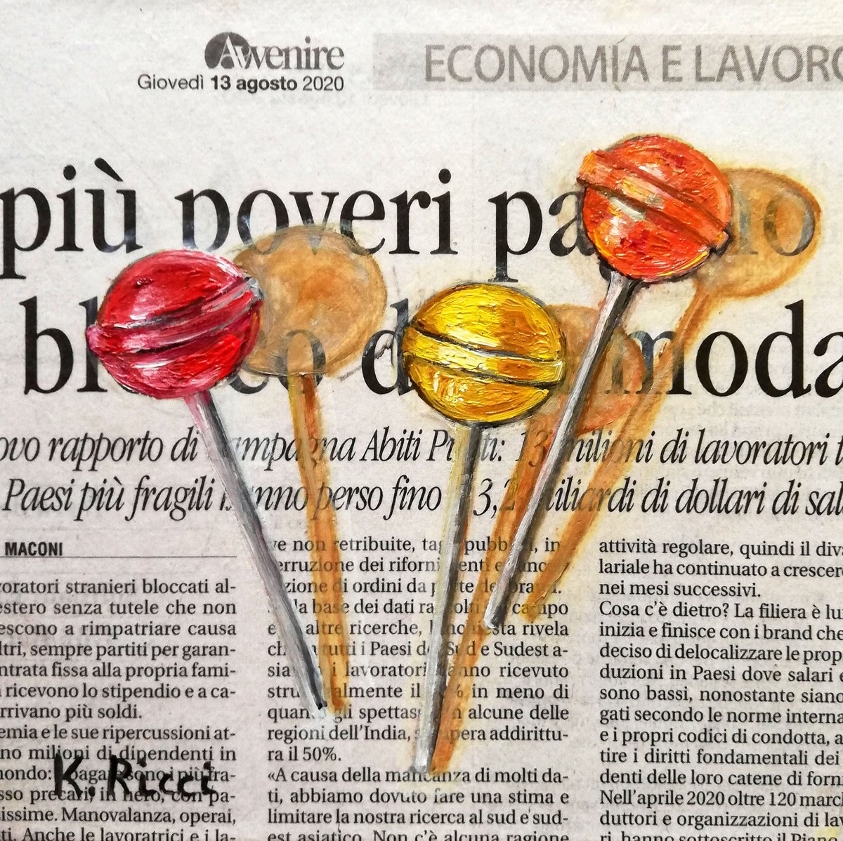 Three Lollipops on Newspaper Original Oil on Canvas Board Painting 6 by 6 inches (15x15... by Katia Ricci