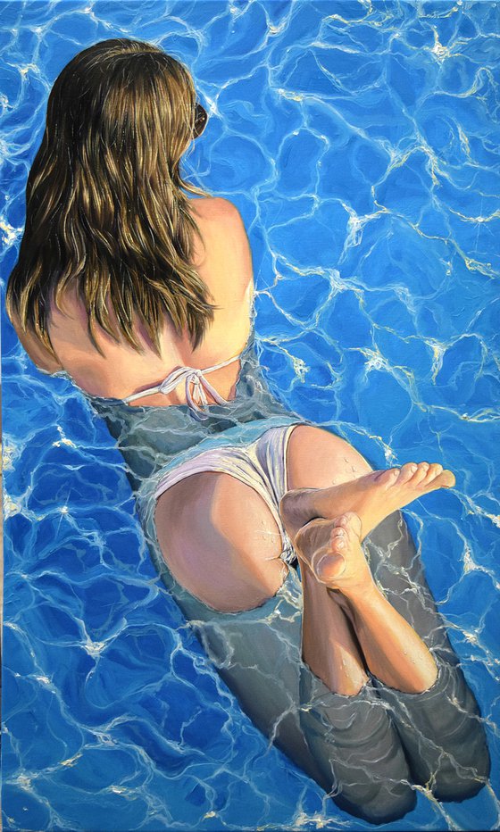 "My sweet august" -  100 x 60 cm / woman in pool, photorealism, water, summer, realistic, swimmer