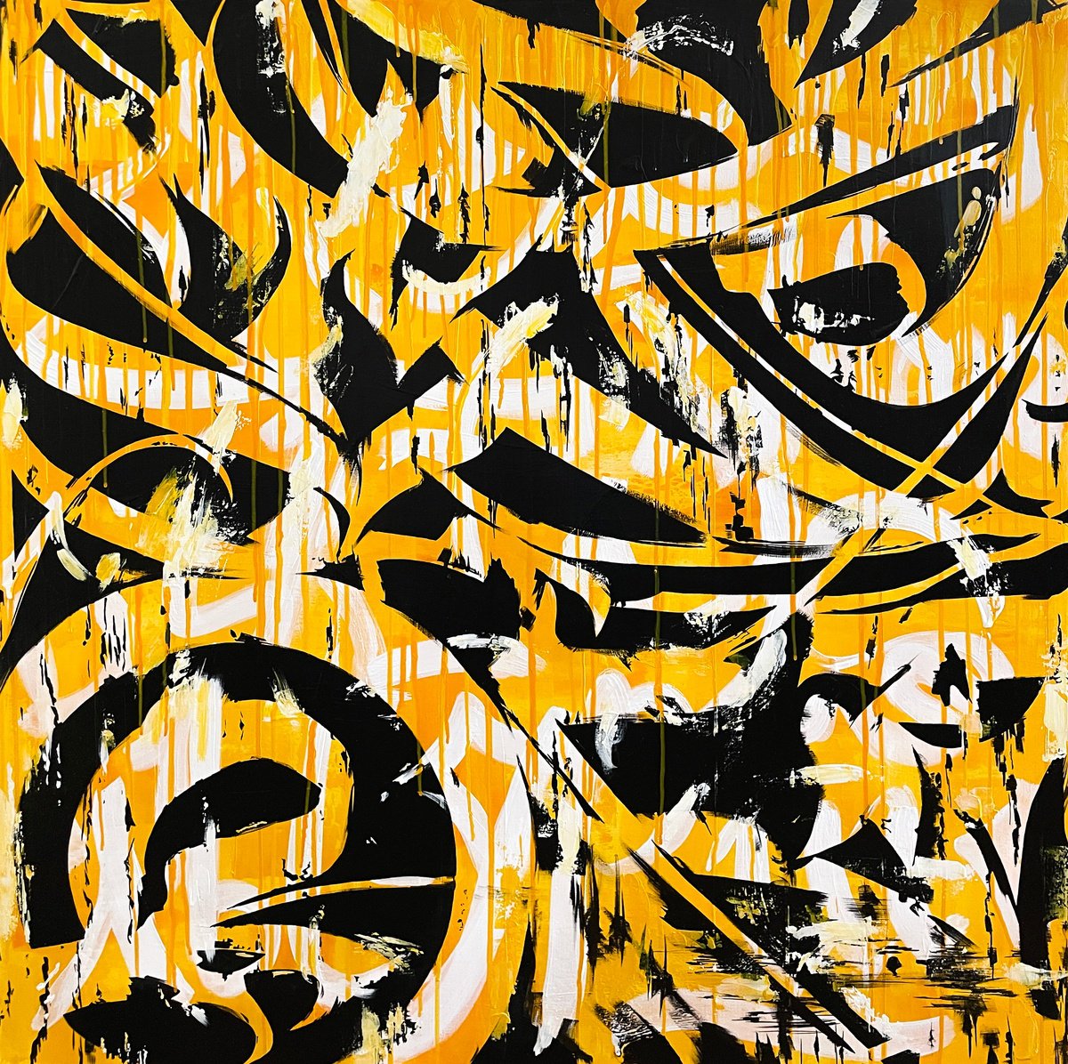 Abstract Acrylic Painting By Elina Zelena, 39 X 39, Black And Yellow Calligraphic, Original Artwork