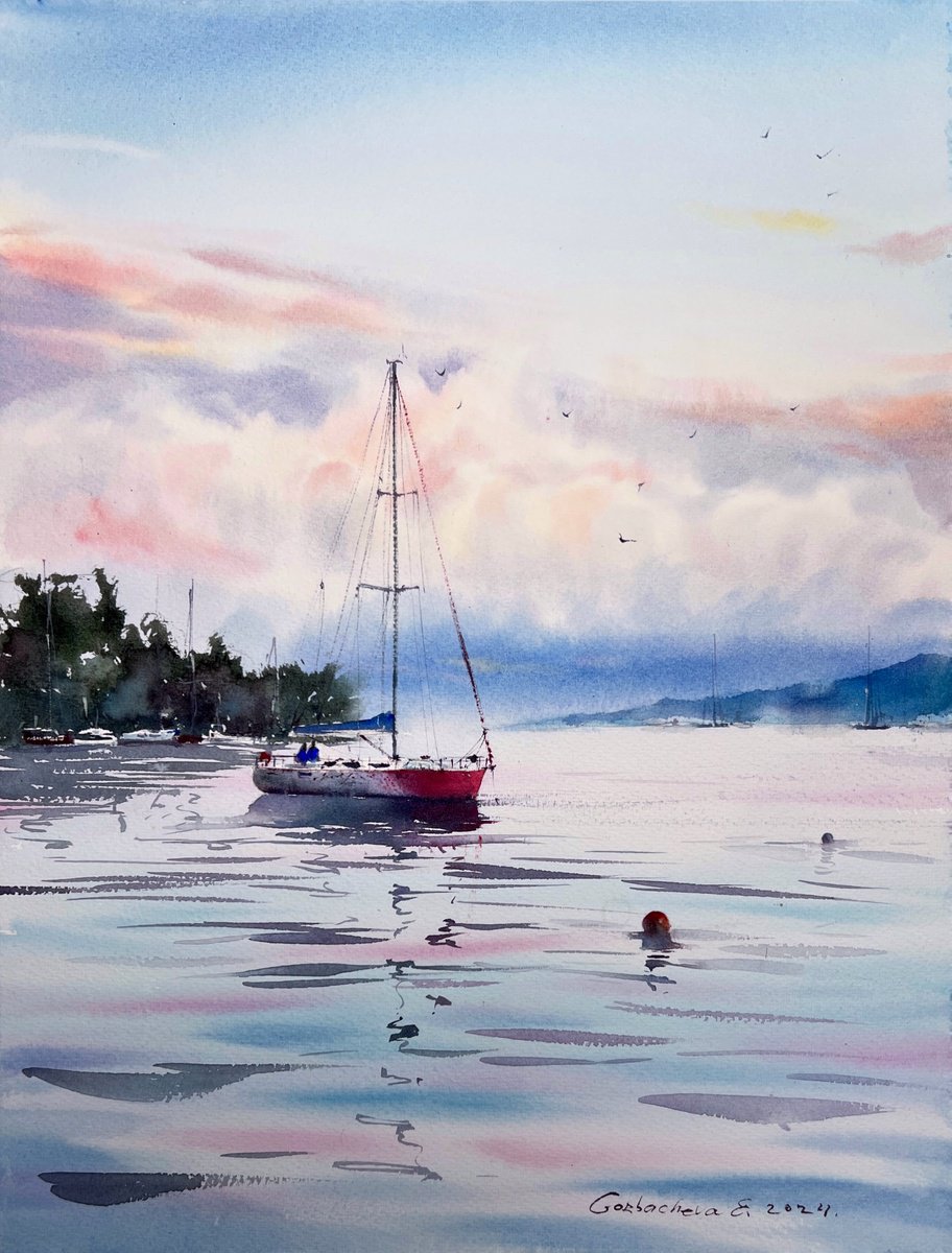 Impressionistic Landscape Watercolour By Eugenia Gorbacheva, 12 X 16, Yacht And Pink Dawn #3, Original Artwork