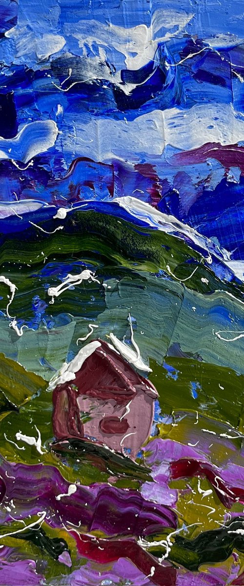 Alps Painting Mountains Original Art Barn Oil Impasto Cabin Artwork Landscape Wall Art 6 by 8" by Halyna Kirichenko by Halyna Kirichenko