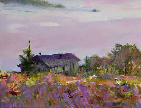 Custom landscape | House of dream in the mountains . Autumn dawn, fog, garden. Original oil painting