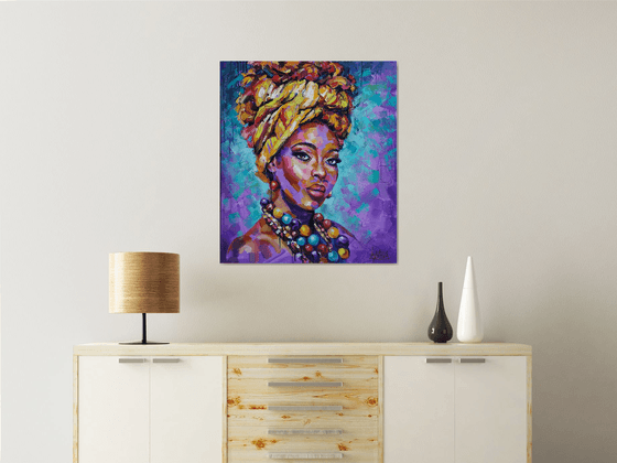 Portrait Multicolored Beads, painting african woman