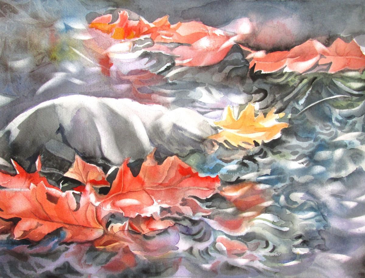 a painting a day #31 Autumn leaves in river by Alfred Ng