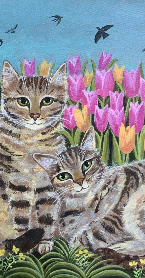 Tabbies with tulips by Mary Stubberfield