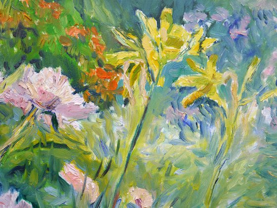 Peonies and Lilies in a Garden