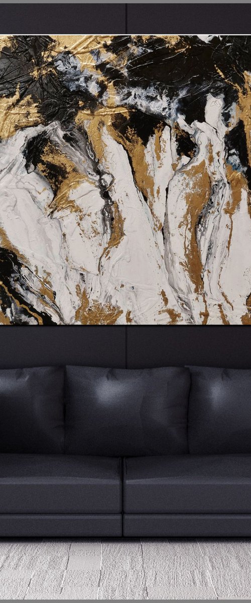 Marbled Bullion 200cm x 120cm White Gold Black Textured Abstract Art by Franko