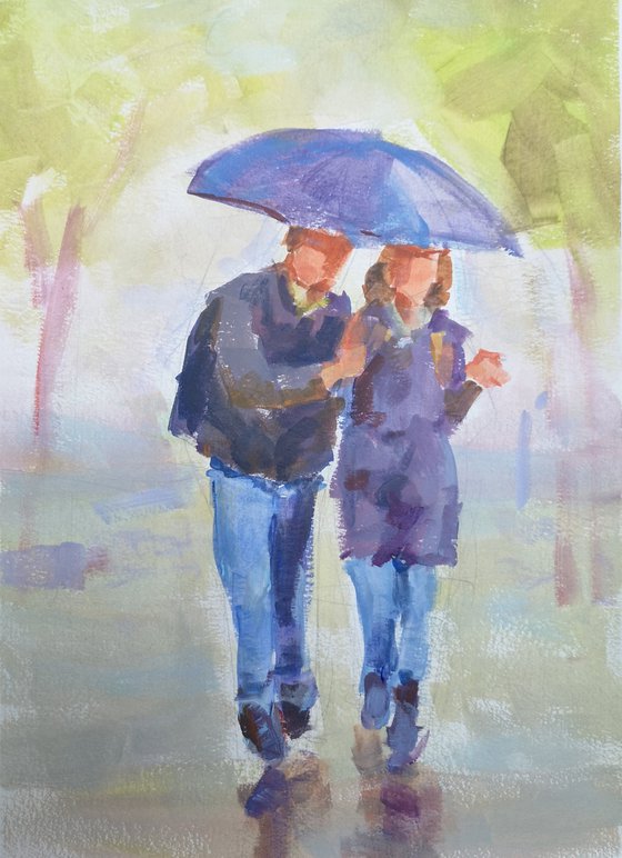 "Rainy walk" (acrylic on paper painting) (11x15×0.1'')