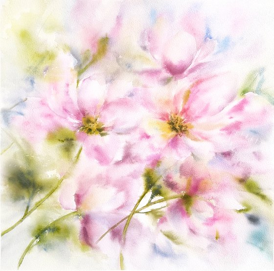 Peony bouquet. Pink loose flowers watercolor painting.