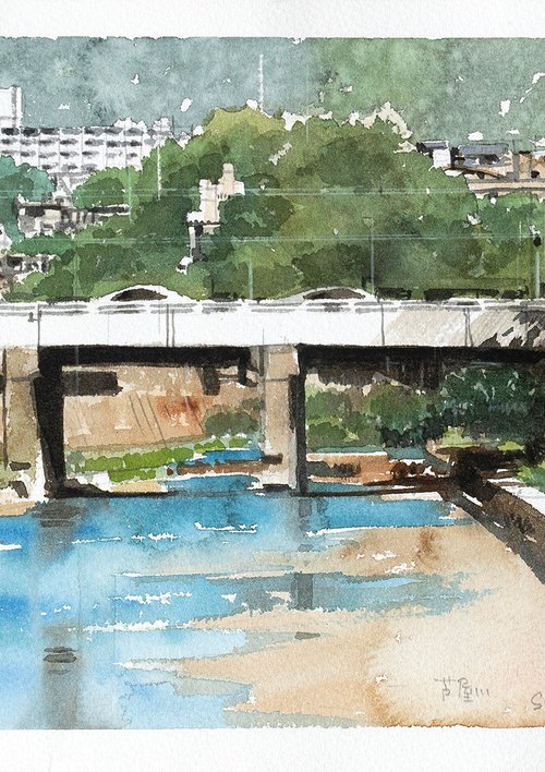 River View with Bridge - 30x20cm Sketch by Masato Watanabe