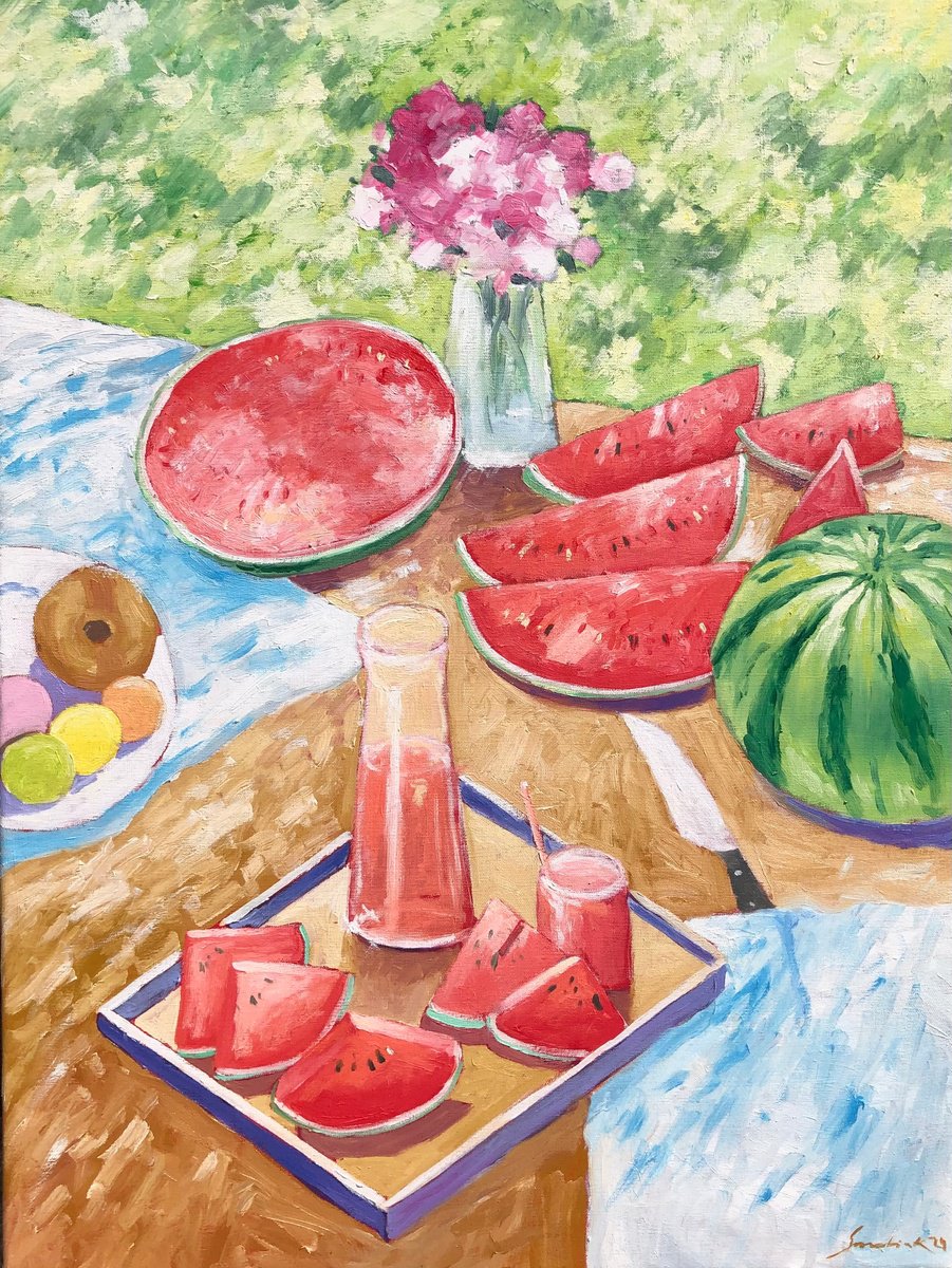 Impressionistic Botanical Oil Painting By Volodymyr Smoliak, 24 X 31", Still Life With Watermelon, Original Artwork