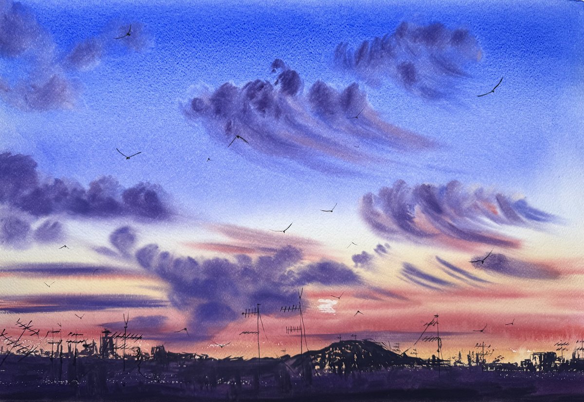 Impressionistic Watercolour , Evening Sky Of Catania Sicily By Yuliia Sharapova, 15 X 11, Artwork For Sale On Artfinder