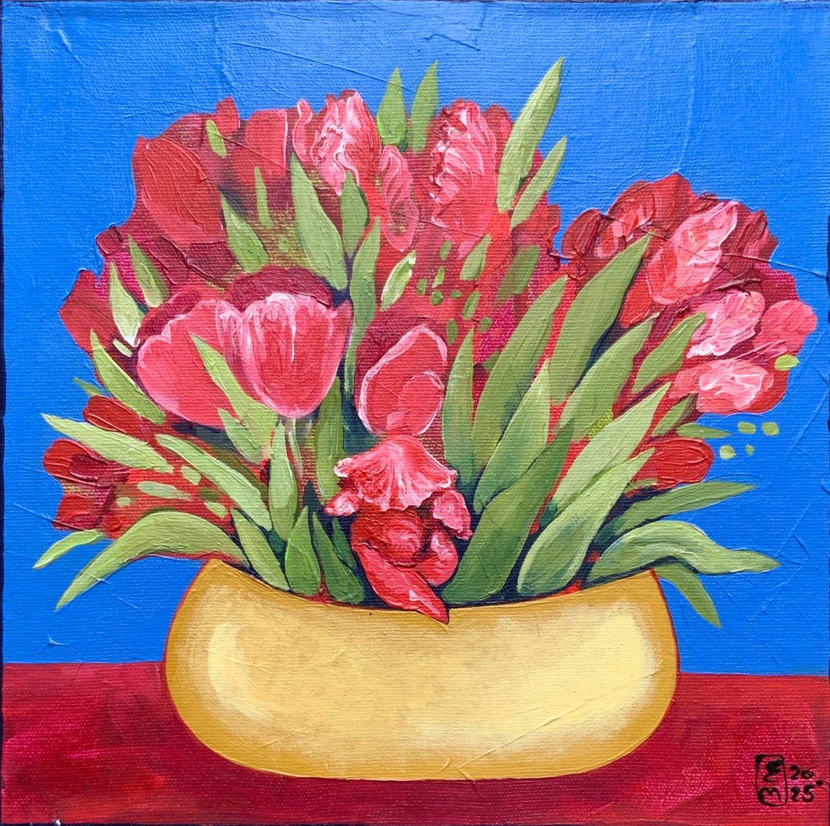 Impressionistic Botanical Acrylic Painting By Elena Tomilova, 12 X 12, Red Tulips, Original Artwork
