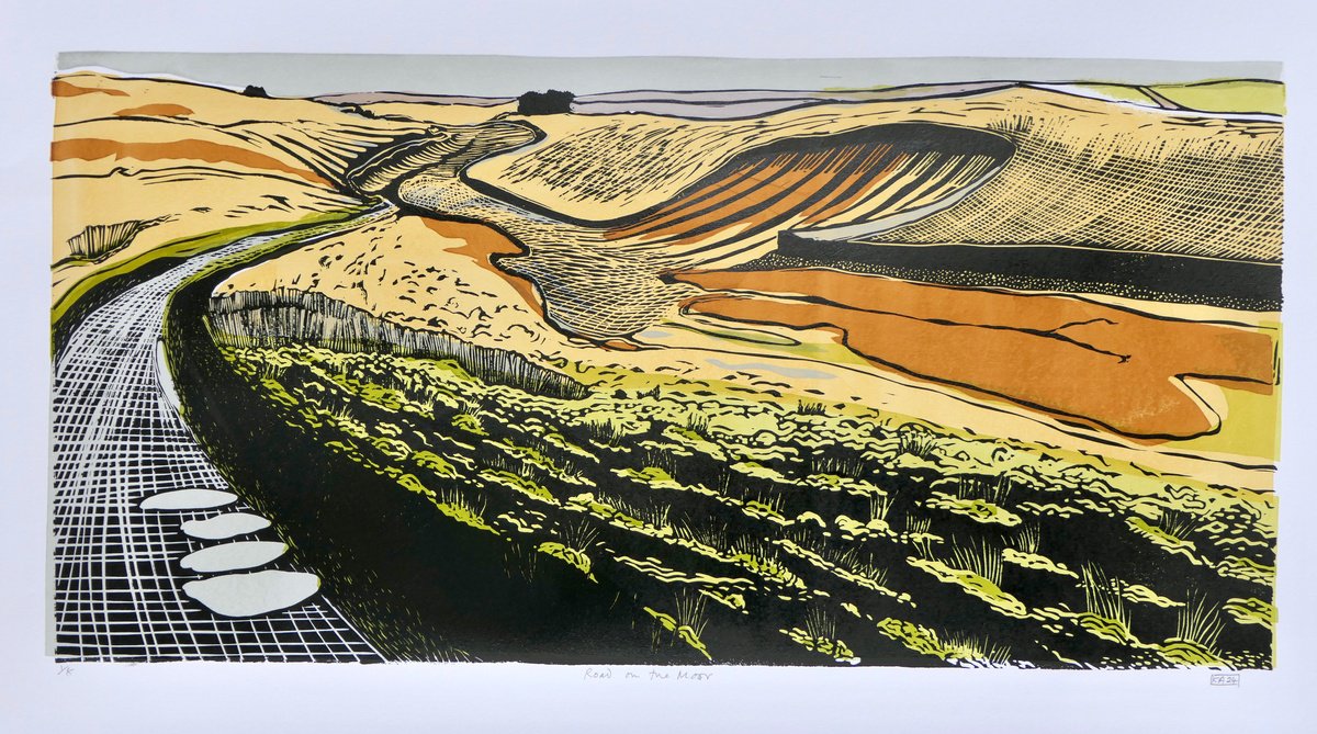 Illustrative Landscape Linocut By Keith Alexander, 32 X 19", Road On The Moor, Original Artwork