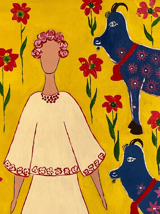 Woman Goats Original Painting