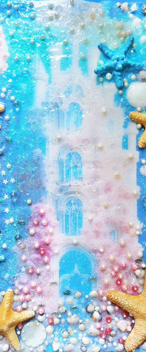 Pink Castle. Under the Sea. Fantasy fairy tale Decorative painting with pearls, rose quartz and shells by BAST