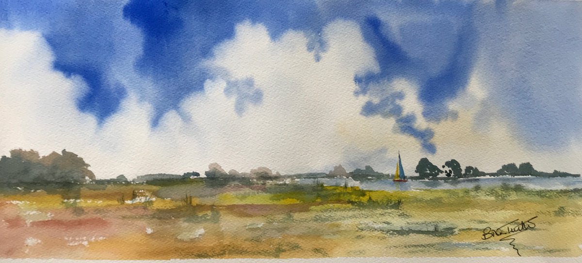 Impressionistic Landscape Watercolour By Brian Tucker, 21 X 9, Big Sky Over The Norfolk Broads, Original Artwork