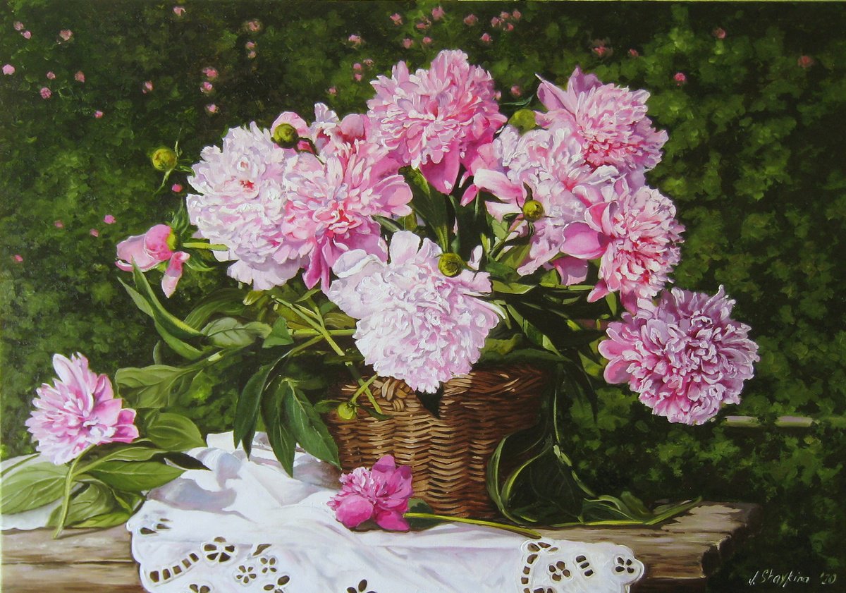 Photorealistic Oil Painting , Basket Of Pink Peonies By Natalia Shaykina, 33 X 24, Artwork For Sale On Artfinder