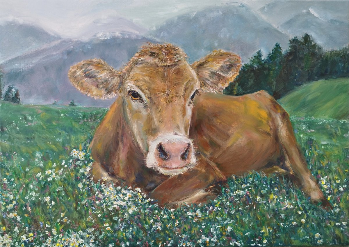 Photorealistic Animal Oil Painting By Jura Kuba Art, 28 X 20", Alpina, The Cow, Original Artwork