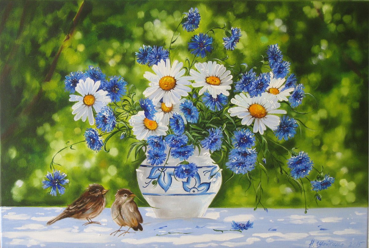 Impressionistic Still Life Oil Painting By Natalia Shaykina, 24 X 16", White Blue Flowers, Original Artwork