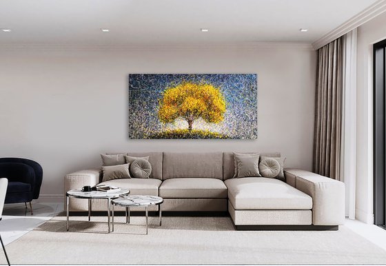 Yellow tree abstraction Modern blue yellow painting Sun Autumn art