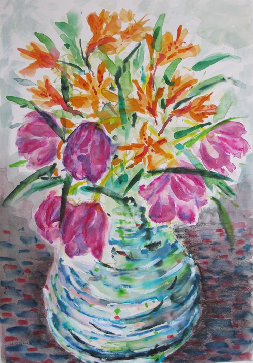 Flowers in a green glass Vase by Catherine O’Neill