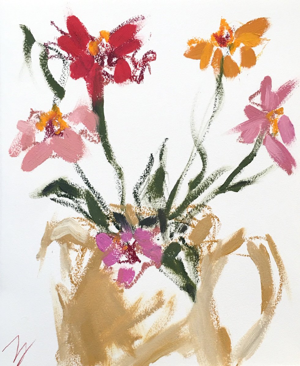 Zinnias In Ochre Jug By Tammy Silbermann, 9 X 11, Artwork For Sale On Artfinder