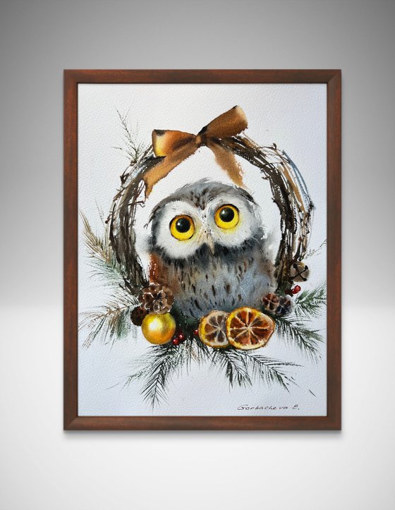 Owl and Christmas wreath #3