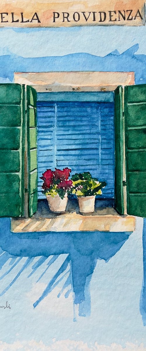 Burano blue window by Krystyna Szczepanowski