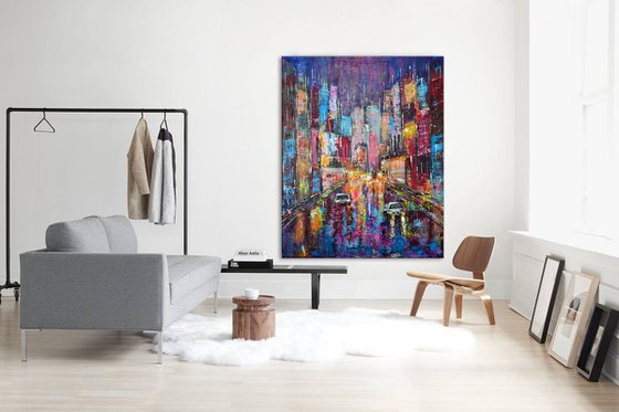 Light at Night -Palette knife,Big City, HomeDecor