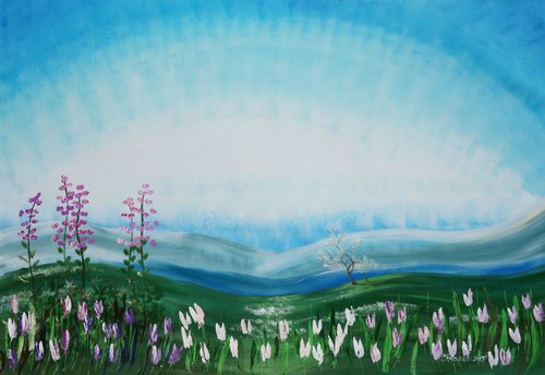 spring landscape B048 Sakura cherry blossom tree Tulips Large painting 110x160 cm unstretched canvas art green blue sky by Ksavera