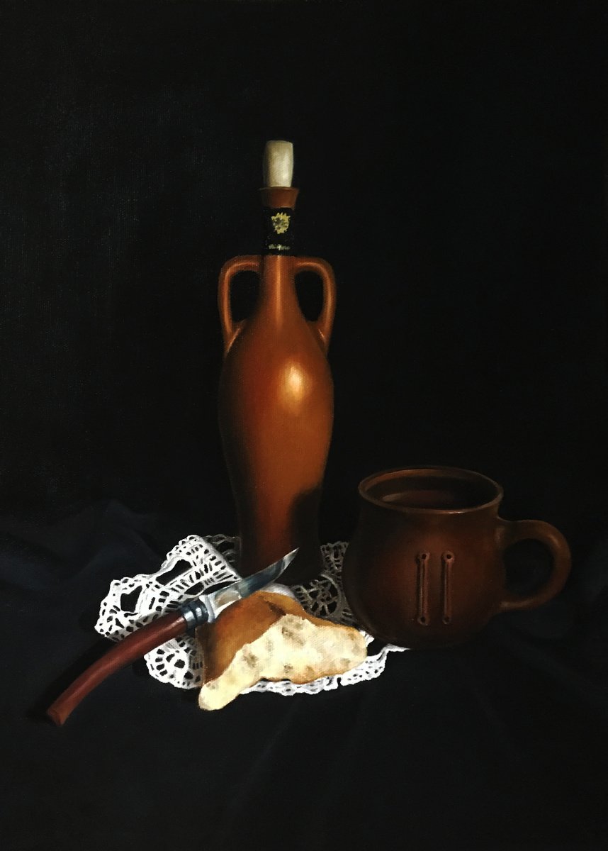 STILL LIFE WITH WINE, BREAD, KNIFE AND CLAY MUG - classical oil painting, old masters tech... by Tatiana Voskresenskaya